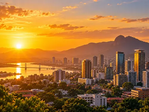 African city and mountains at sunset